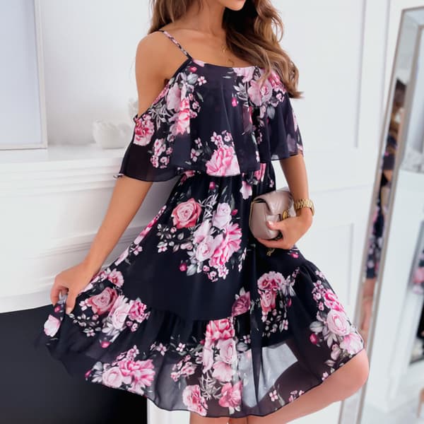 Off Shoulder Hängande Rem Tryckt Chiffon Klänning(Svart M)
