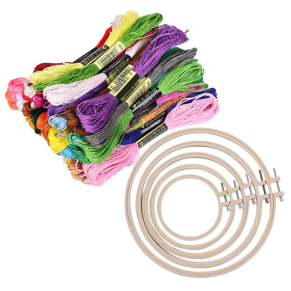 5 stk. broderirammer cirkel korssting ring plast ramme imitation bambus beige + tråd