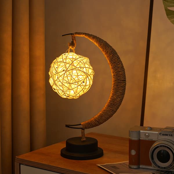 Varmhvit LED Måneformet Lampe Hampetau Jernrottingkule