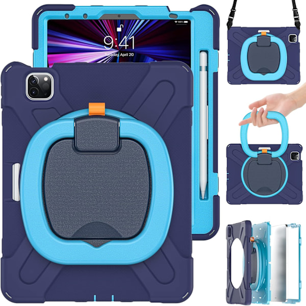 Etui til iPad Air 11 tommer 2024 (M2) ， Tablet Cover med Penneholder/Roterende Stativ/Skulderstropp Navy Blue New iPad Air 11 2024