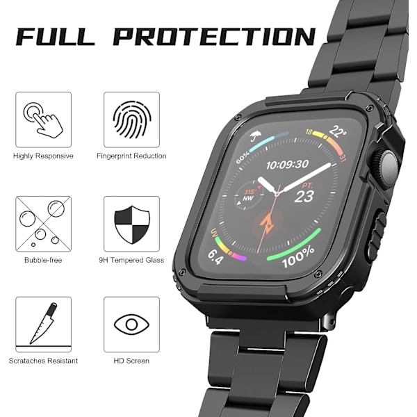 2 kpl Kestävä Kotelo Yhteensopiva Apple Watch 44mm Series SE/6/5/4:n kanssa, Temperoitu Lasinen Näytönsuojus, Sotilasmainen Kestävä TPU-Suoja