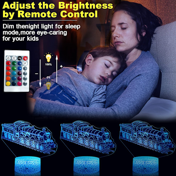 Toglampe til Børn Seje Gaver 3D Tog Natlampe med Fjernbetjening & Smart Touch 7 Farver + 16 Farver Skiftende Dæmpbar Tog Legetøj til 3 4 5 6 7 8 År