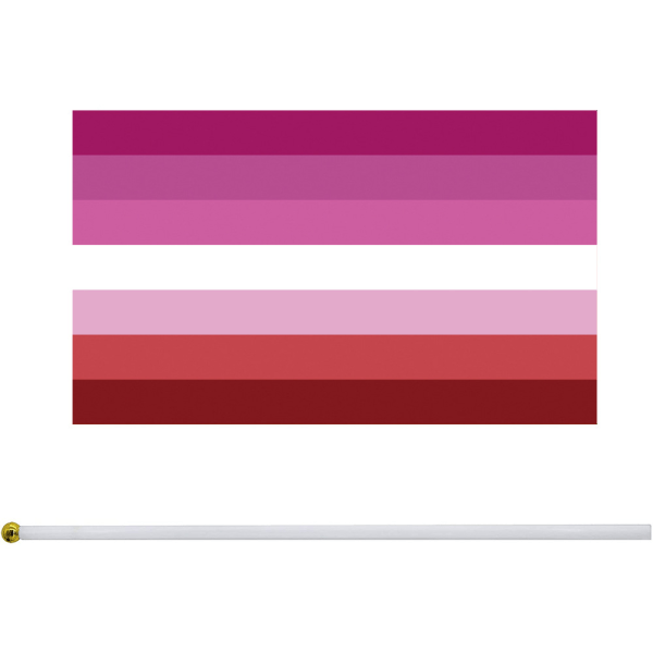 Sateenkaarikäsi heiluttaa lippua raidallinen sateenkaarilippu, jossa on pieni minilippulippu, 50 kappaleen pakkaus (lesbo)