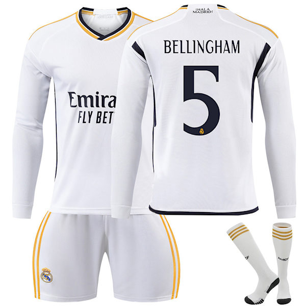 23-24 Real Madrid Hjemmefodboldtrøje Langærmet Sæt Børnefodboldtøj No.5 Bellingham 22