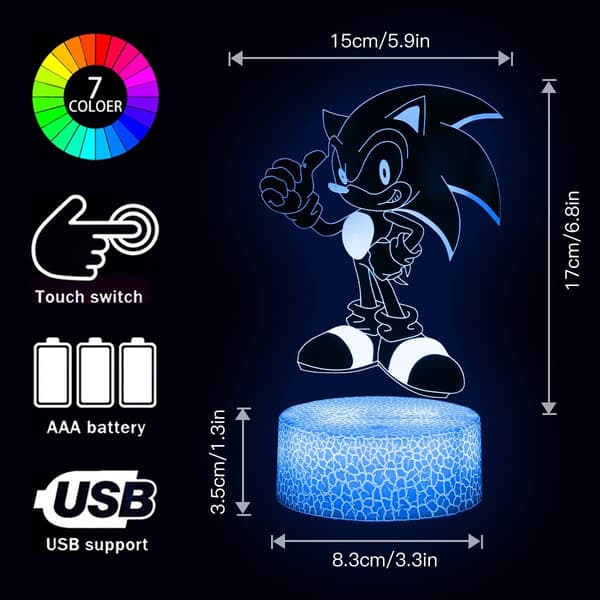 Sonic The Hedgehog 3D Illusion Natlampe, 3 Mønstre 16 Co
