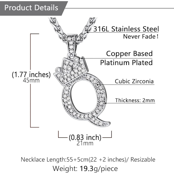 Krone Initial A-Z Halskæde, Iced Out Bogstav Vedhæng med 22-24 Tommer Kæde, Mænd Kvinder Bling Hip Hop Alfabet Navn Smykker Gave Store Initialer Halskæder Q Silver