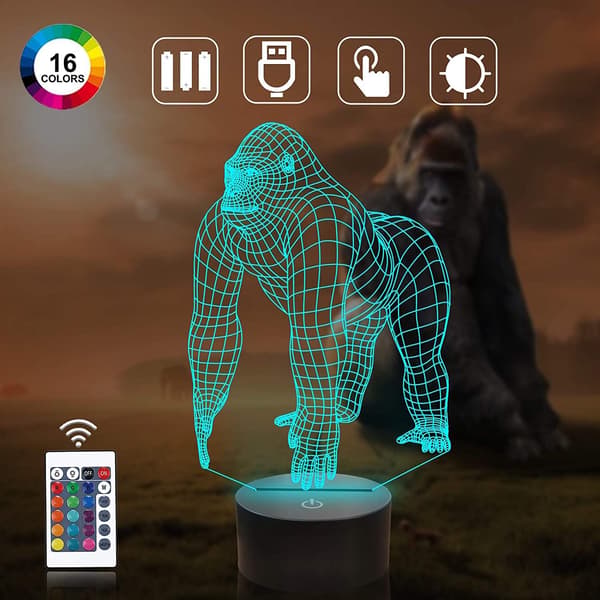 Gorilla 3D Natlampe Abe LED Illusion Hologram Lampe 16 Farver