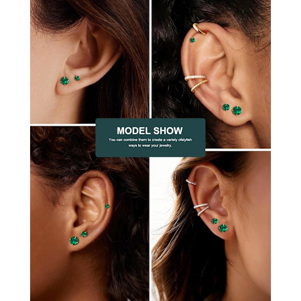 7 Par Hypoallergena Örhängen i Kirurgiskt Stål med Gänga för Brosk, Helix, Lobe | Cubic Zirconia Platt Baksida Örhängen för Kvinnor | Emerald