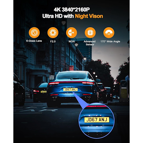Dash Cam 4K WiFi 2160P Bilkamera, Dashkamera för bilar, Mini Front Dashcam för bilar med nattseende, Loop-inspelning, G-sensor, 24H parkeringsövervakning,