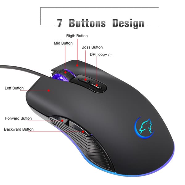 Kablet Gaming Mus, 3200 DPI, 7 Programmerbare Knapper, RGB Ba