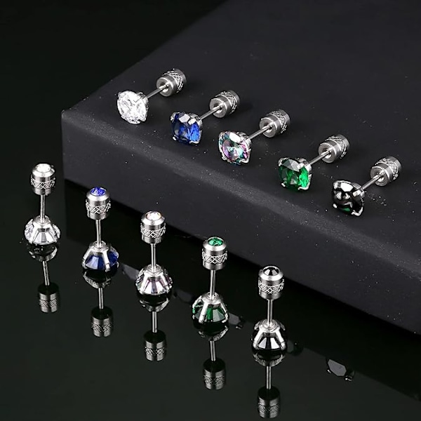 STEEL 5 Par Titan Skruv Bak Kirurgiskt Rostfritt Stål Örhängen för Kvinnor Män, Regnbåge 5A Cubic Zirconia Sova Hypoallergen Silver Round CZ