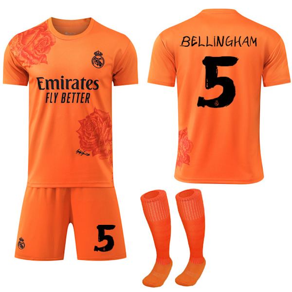 2024 Real Madrid Y3 Co-Branded Special Edition Rose Pattern Fotbollströja Orange Barnfotbollsutrustning No.5 Bellingham L