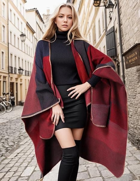 Werwing Dame Farveblok Sjal Wrap Åben Front Poncho Cape Oversized Afslappet Efterår Vinter Sweater Cardigan, Rød Red