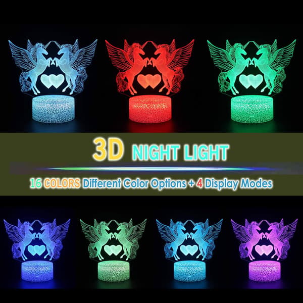 Unicorn 3D Illusjon LED Bordlampe Nattlys med Lys