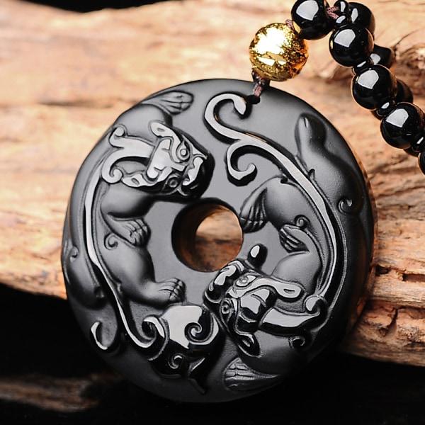 Naturlig Obsidian Stein Håndskåret Pi Yao Sjarme Lykke Perle Pixiu Anheng Halskjede