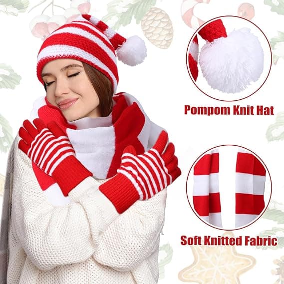 Vinter Jul Stickad Mössa Halsduk Handskar Set - Festlig Tomte/Alv Stil Varma Tillbehör för Julklappar B