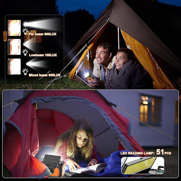 12000mAh Käsikäyttöinen Hätäradio, AM/FM/NOAA, Monitoiminen Aurinkoenergialla Toimiva Radio, 2 Aurinkopaneelia, USB-Lataus, Taskulamppu & LED-Lukuvalo, SOS-Hälytin Orange