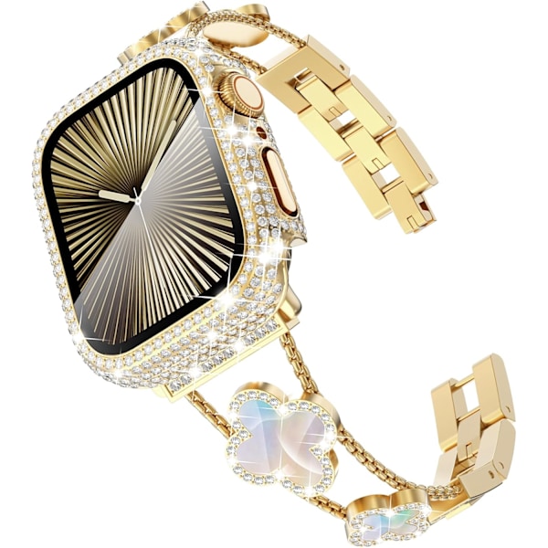 Surace Kompatibel med Apple Watch Series 10 Remmer 42mm for Kvinner, Smykker Diamant Rhinestone Rustfritt Stål Metall Armbånd Kløver Leaf-Gold/Iridescent 42/44/45MM