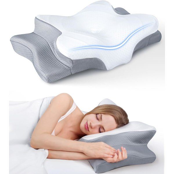 Ultra smärtlindrande kylkudde för nackstöd, justerbar nackkudde mysig sömn, luktfri ergonomisk kontur minnesskumkuddar, ortoped Grey