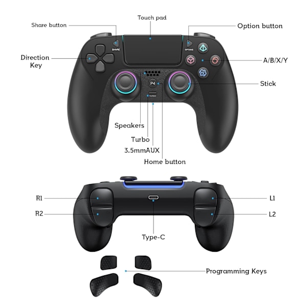 Trådløs controller til PS-4, Game Controller kompatibel med PS-4/Pro/Slim/PC, Gamepad Joystick med dobbelt vibration/6-akset gyrosensor/touchpanel/RG
