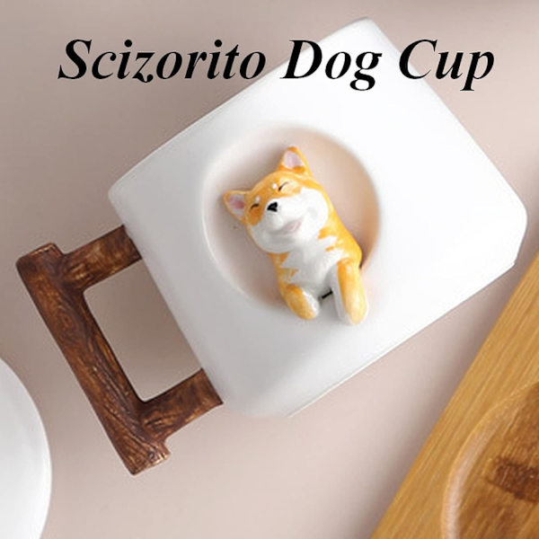 Sød Hundepar Kop, Keramik Kaffe Kopsæt med Låg, Søde Poter på Skeen, Sød Shiba Inu Tredimensionelt Design, med Mat Tekstur Green Tail