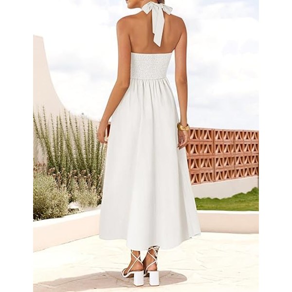 Sommarklänning för damer, ärmlös halterneck midi-klänning 2025, off shoulder, hög midja, svängig, böljande, lång strandklänning M