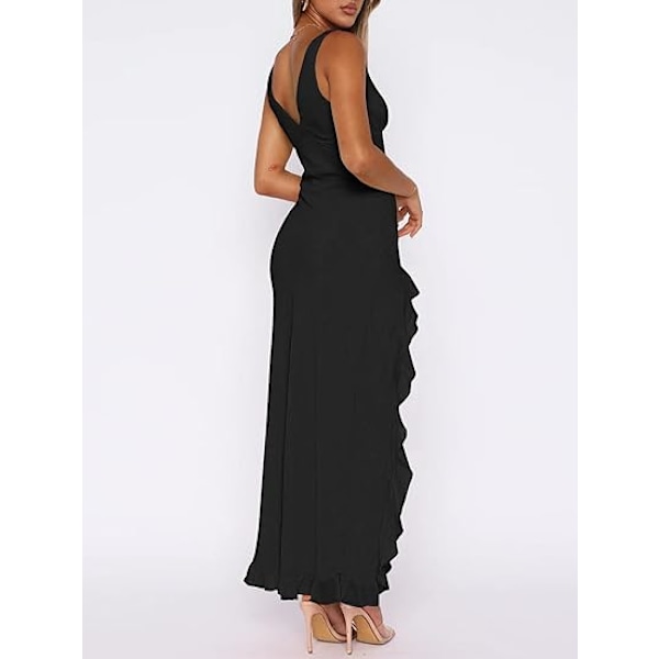 Sexig V-ringad Ärmlös Mesh Volangfåll Bodycon Maxi Casual Rygglös Hög Slits Cocktailklänning för Kvinnor S