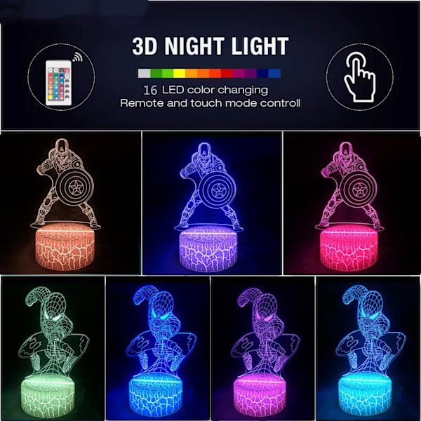 3D Illusion Nattlampa för Marvel Fans Barn, Superhjälte - Spiderman Captain Led Lampa med 16 Färger USB Touch & Fjärrkontroll för Rum Deko, Pojkar & Flickor Födelsedagspresenter