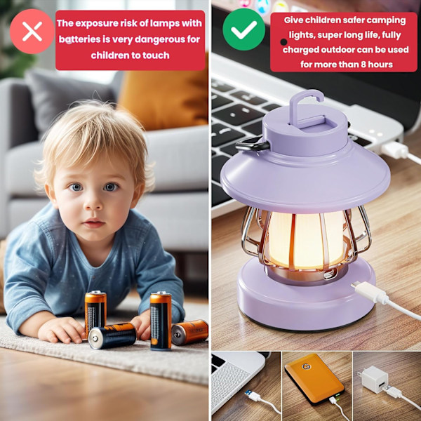 LED-uppladdningsbar vintage hästlampa, söt utomhuscampinglampa, bärbar minisnigellampa, ny ponnylampa med 3-lägesdimning och minnesfunktion. Purple