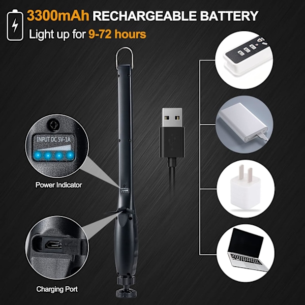 Magnetisk LED arbeidslys, 24\" USB-kabel, 3300mAh kapasitet, 4-nivå strøm indikatorlys, 360° svingbar base, 20\" trekkraft, 72 timer med lav lysstyrke 1 Pack
