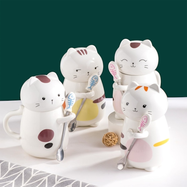 Kattmugg med Lock Rolig Kaffemugg Kopp 400 ml Kattgåva Keramisk Temugg med Sked Te Kaffekopp Julmugg Födelsedagspresent # A Cat cup with lid and spoon