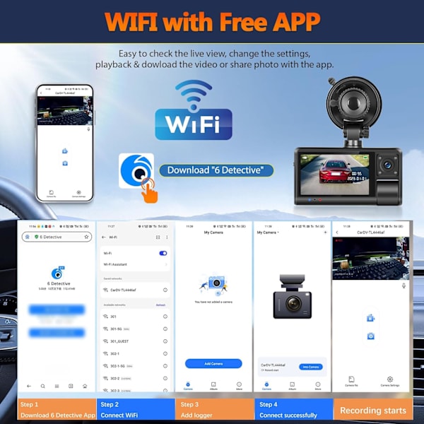 3-kanals dashcam fram och bak inuti, Full HD 1080P dashcam för bilar med Super Night Vision Loop Recording G-Sensor APP-kontroll 150° vidvinkel 3