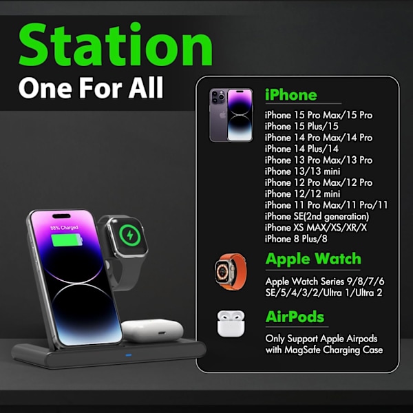 Trådløs oplader iPhone opladningsstation: 3 i 1 opladerholder til flere enheder til Apple-iPhone 15 14 Pro Max 13 12 11-iPhone Watch-Airpods 3 2 Pro.