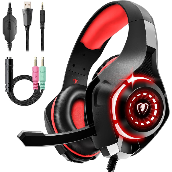 Spelheadset för PS4 PS5 Xbox One Switch PC med brusreducerande mikrofon, djupt stereoljud (svart rött)-1 Black Red