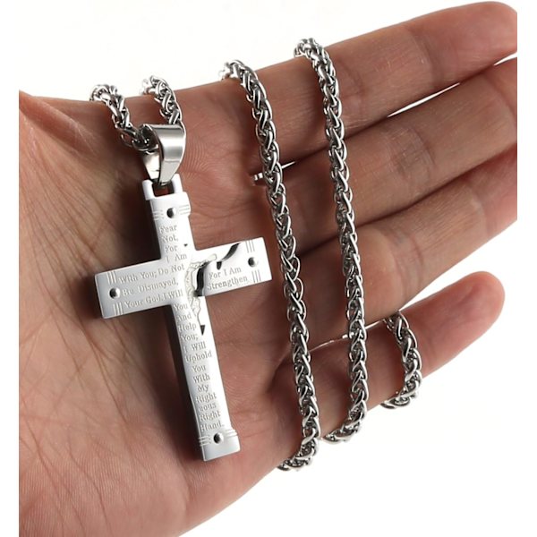 Herre Rustfrit Stål Jesus Kristus Krucifiks Kors Herrens Bøn Vedhæng Halskæde Silver