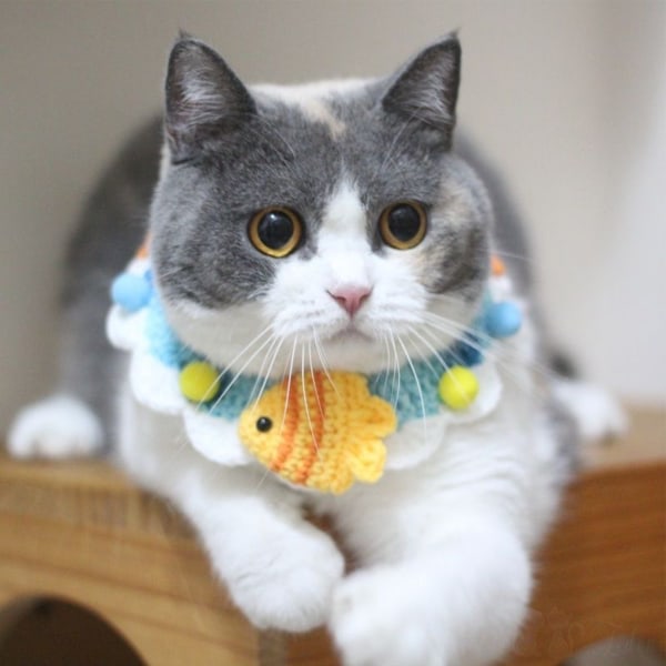 Knitted Pet Collar Hand Woven Breathable Comfortable Stylish Knitted Cat Bib Collar with Adjustable Rope for Pet Cat Dog Sea World M, 25cm/9.8in