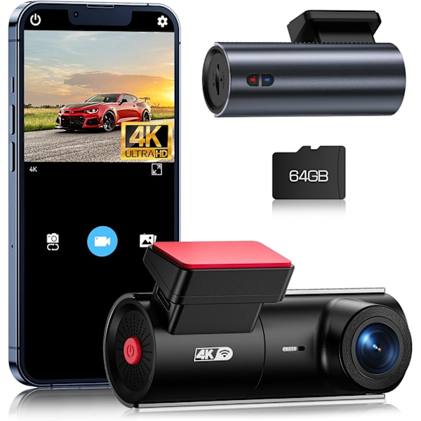 Dash Cam 4K WiFi 2160P Bilkamera, Dashkamera för bilar, Mini Front Dashcam för bilar med nattseende, Loop-inspelning, G-sensor, 24H parkeringsövervakning,