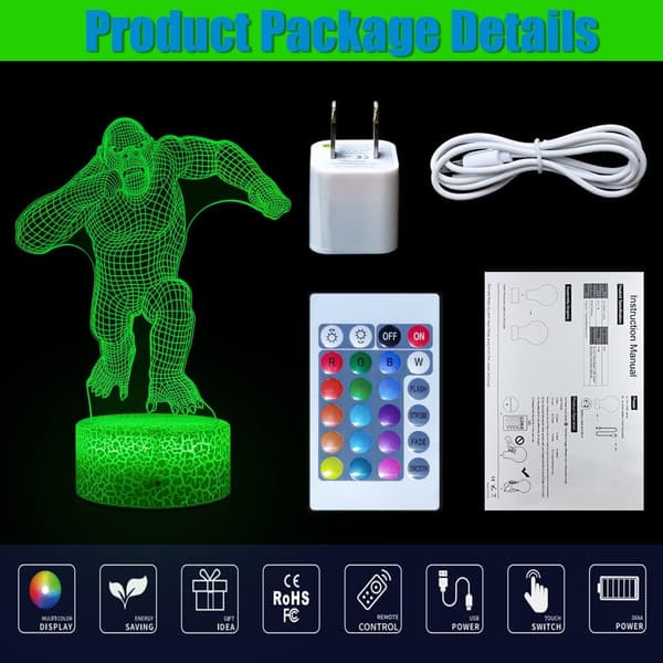 3D Gorilla Lampe Optisk Illusion Natlampe, 16 Farveændringer