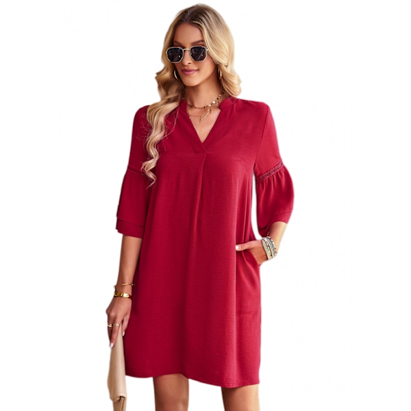Puff Sleeve Solid Color Loose Flowy Mini Dress (Vinrød M)