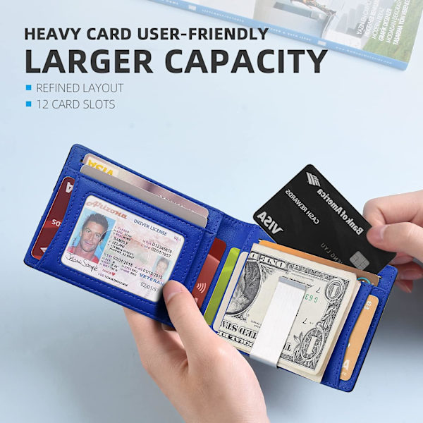 Slim Plånbok för Män Present 12 Kortplatser ID-Fönster med Pengaclip Minimalistisk RFID Främre Fickan Bifold Läder Liten Tunn Presentask Pappa Födelsedag Christ Carbon Black and Blue
