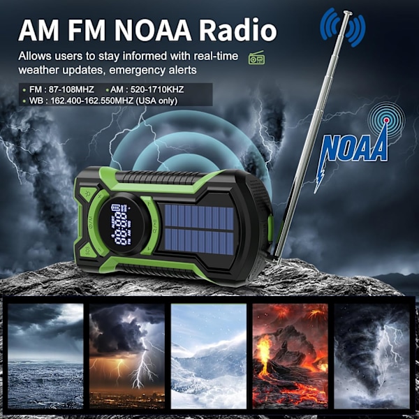 Nødvejrradio, Vandafvisende Bluetooth Bærbar AM/FM/NOAA Vejrradio, 5000mAh USB Håndsving Solradio, Telefonoplader, Lommelygte, SOS Green