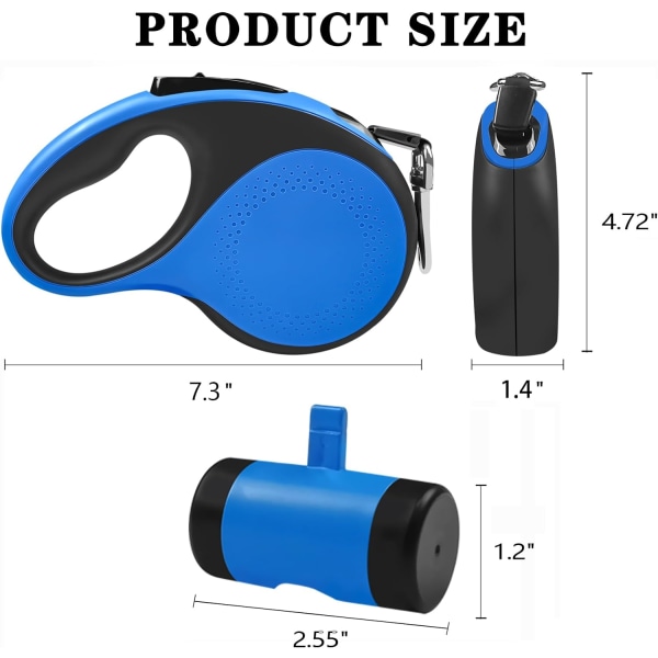 Retraktionsbar hundkoppel med avfallspåsehållare och ficklampa, 16ft hundkoppel för små medelstora hundar upp till 66 pund, en knappsbroms och lås, 360° trasselfri 16ft blue Large