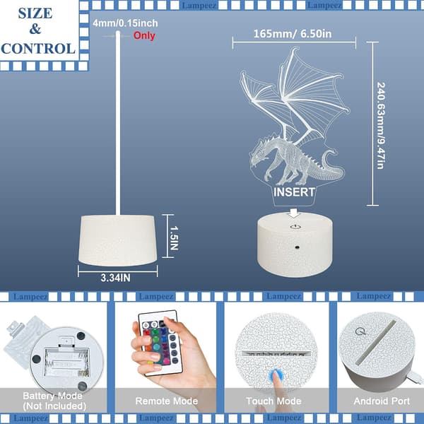 3D Lampe Drage Nattlys 3D Illusjonslampe for Barn, 16 Farger
