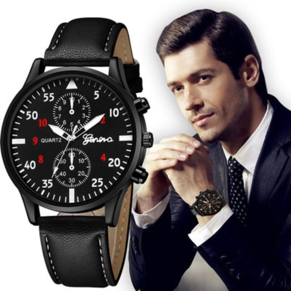 Herrar Retro Läderarmbandsklocka Analog Kvarts Armbandsur Black