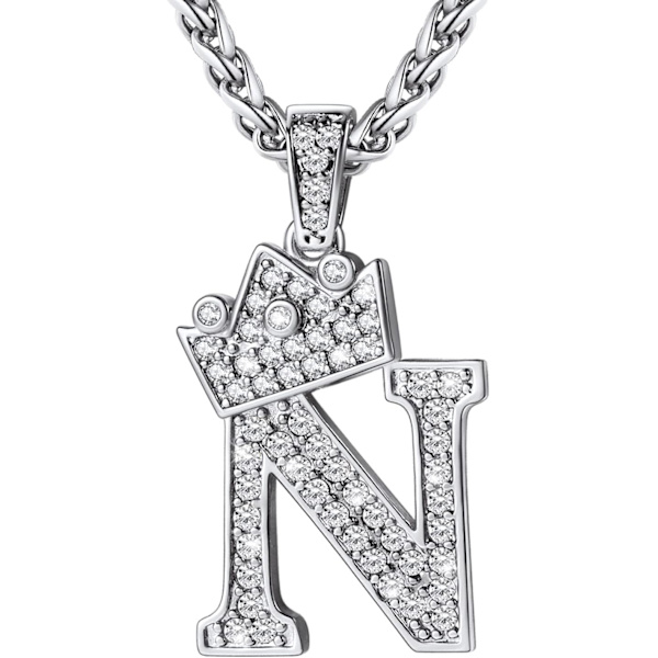 Kruunun alkukirjain A-Z kaulakoru, jäädytetty kirjainriipus 22-24 tuuman ketjulla, miehet naiset Bling Hip Hop aakkoset nimi korut lahja suuret alkukirjaimet kaulakorut N Silver