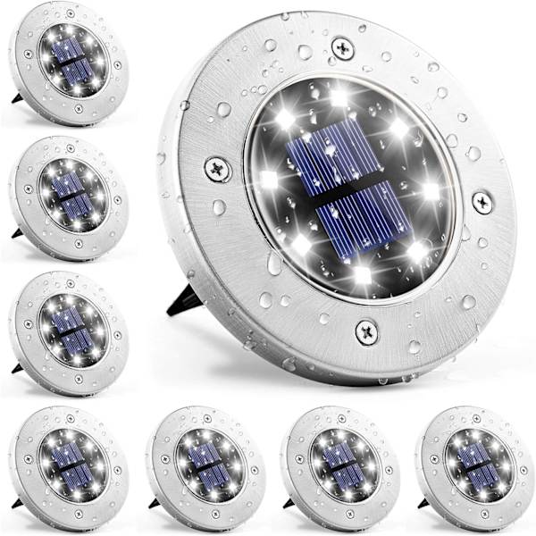 Solcelled Jordlys, 8 LED Solcelled Disklys Udendørs Vandtæt Landskabsplejelys til Havegård Dæk Gangbro Terrasse Sti (8, Hvid) White 8