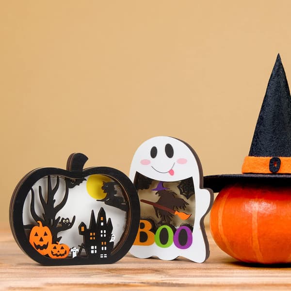 2 st träbelysta pumpaspöklampor – Halloween bordsdekorationer med skuggbox