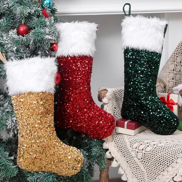 3-pack traditionella julstrumpor, paljetthängande prydnader för öppen spis, trappa, julgran, heminredning