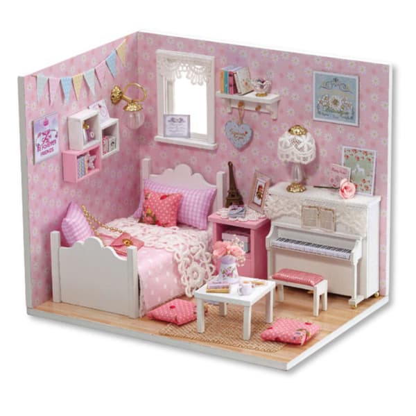 Diy dockhus Miniatyrdockhus Träleksaker för barn Födelsedagspresent Pink