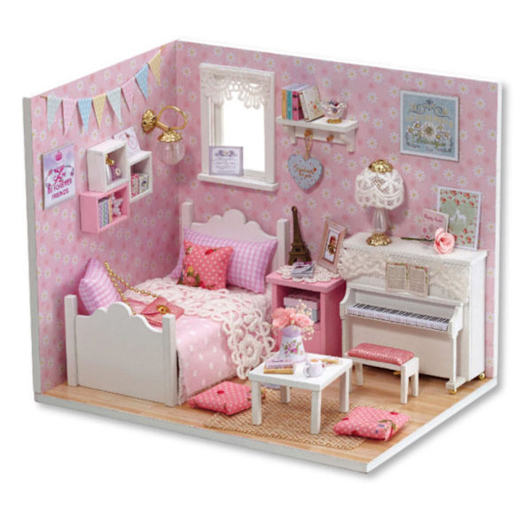 Diy dukkehuse miniature dukkehus trælegetøj til børns fødselsdagsgave Pink